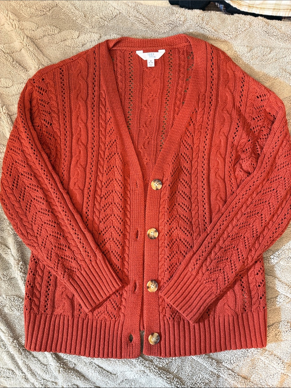 Time and Tru Rust Orange Open Knit Button Cardigan